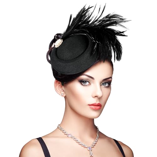 MWOOT Fascinators Sombrero con Plumas, Sombreros de Fiesta de Té de Vintage para Mujer, 1920S Pamelas de Boda Negra con Diadema y Pinzas Cabello para Cóctel Boda Fiesta del Té Decoración