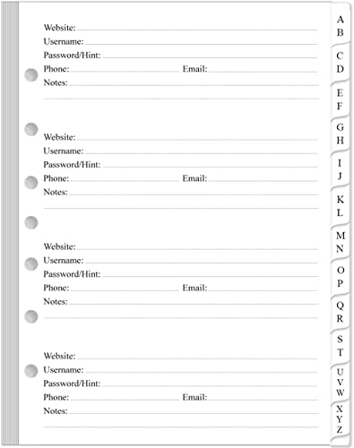 Recharges pour carnet de mots de passe format bureau à onglets alphabétiques