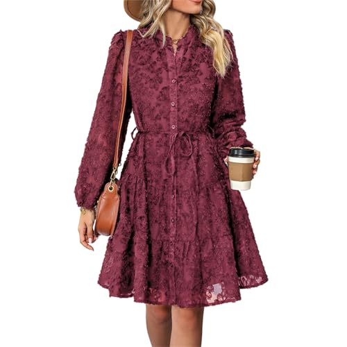 Damen Langarm Frühling Herbst Kleid Knopfleiste Krawatte Taille Floral Spitze A-Linie Minikleid, weinrot, L