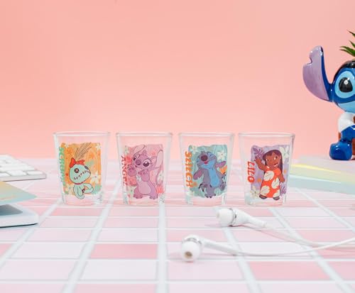 Image of Silver Buffalo Disney Lilo and Stitch Tropical 4 Piece Mini Glass Set Featuring Lilo, Stitch, Angel, and Scrump, 1.5 Ounces