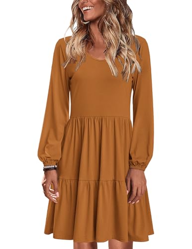 Zeagoo Vestido de manga larga elegante con volantes para mujer, cuello en V, línea A, cintura alta, mini vestido de túnica casual con bolsillos, marrón, S