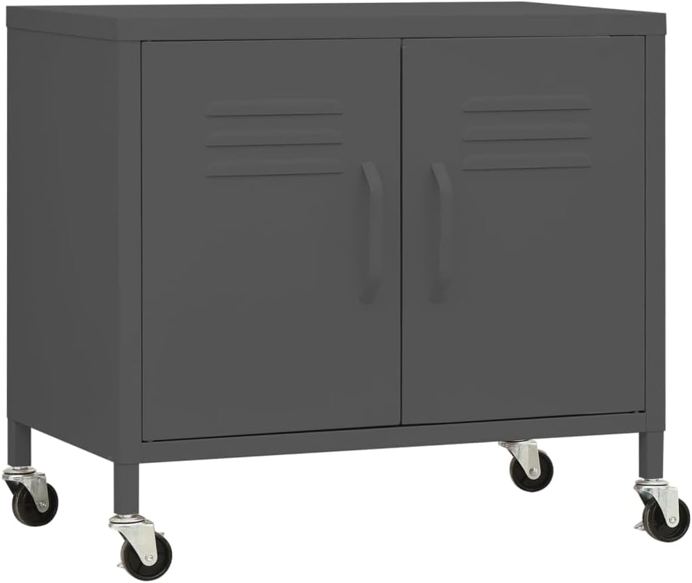 Anthracite Steel Storage Cabinet with Adjustable Shelving and Lockable Wheels, 23.6 x 13.8 x 22.0 Inches, Durable Metal Organizer for Home Office or Living Room