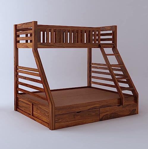 Image of APRODZ Wonderland Queen Size Solid Wood Bunk Bed | Wooden Twin Over Bed with Ladder for Kids' Room Bedroom Living Room Home (Teak)