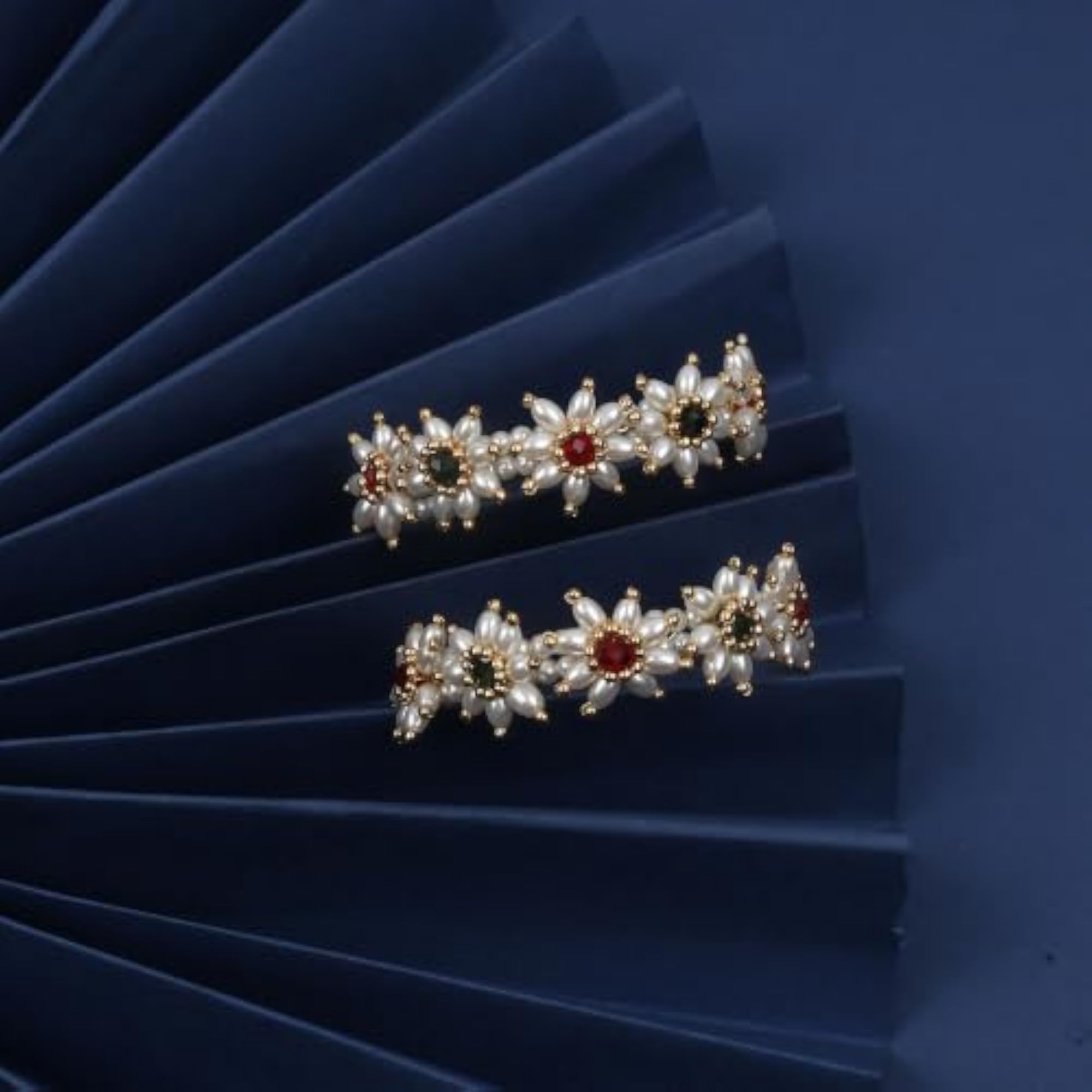 Art Jewellery Pearl & Red Green Stone Stud Parijat Bangles, Adjustable