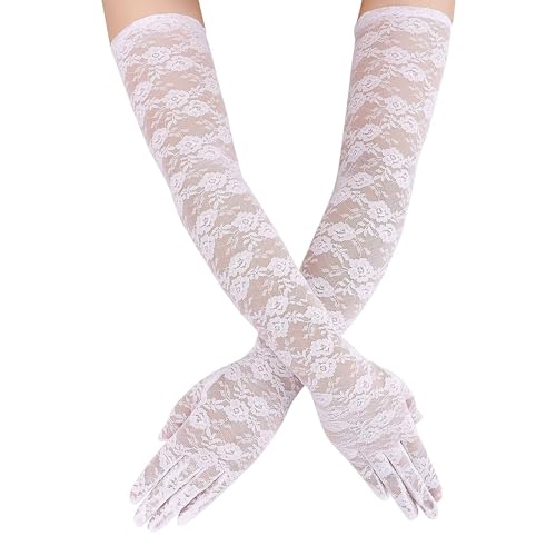 Chlotmio Luvas compridas de renda para mulher, cor preta, luvas elásticas no cotovelo, luvas de renda floral, luvas de ópera para casamento, festa de chá, dança, cosplay, Halloween, Branco, Tamanho