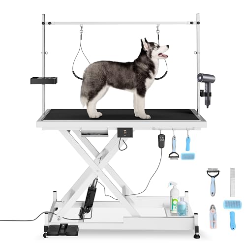 Electric Lift Pet Grooming Table, Heavy Duty Pet Trimming Table, Professional X-Type Electric Lift for Large Dogs, with Overhead Arm, Clamps, Two Grooming Noose, 50''/ Black