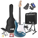 MAX GigKit Beginner Electric Guitar Starter Kit in Blue with 40W Amplifier, Foldable Guitar Stand & Adjustable Footrest Stool - Complete Guitarist Bundle