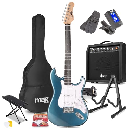 MAX GigKit Beginner Electric Guitar Starter Kit in Blue with 40W Amplifier, Foldable Guitar Stand & Adjustable Footrest Stool - Complete Guitarist Bundle