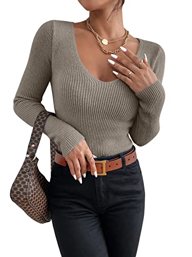 Shein Women's V Neck Ribbed Knit Pullover Jumper Sweater Long Sleeve Slim Fit Tops Mocha Brown L #TOP13