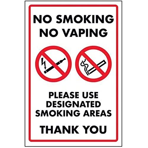 V Safety No Smoking No Vaping/Please use Designated Smoking Area Sign - 150 mm x 200 mm - Rigid Plastic Safety Sign