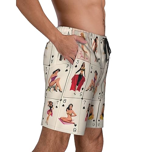 V LONVOY play card pinup girls Mens Swim Trunks Quick Dry Swim Shorts Swimwear Bathing Suits with Pockets Black