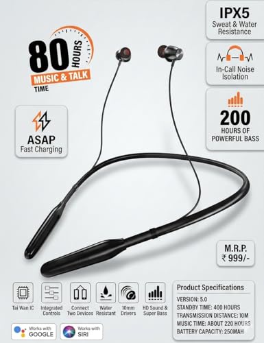 Image of DUBiK Bluetooth Neckband Wireless Earphones, IPX5 Water Resistant, 80 Hours Playtime, in-Call Noise Isolation, ASAP Fast Charging, Type-C, Works with Google and Siri, Black