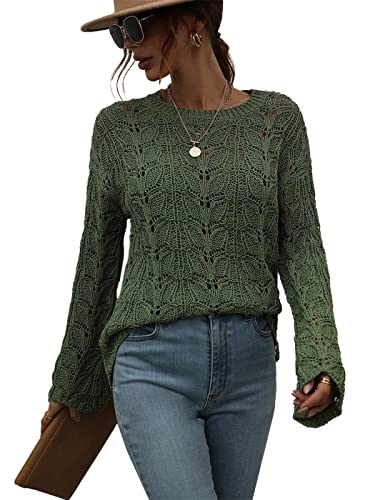 Anna-Kaci Women Crochet Bell Sleeve Round Neck Sweater Knit Hollow Out Pullover Tops, Olive Green, Small #TOP29