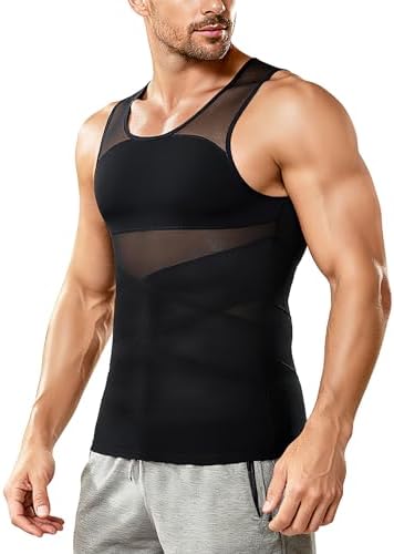 Nebility Mens Compression Shirt - Slimming Undershirts Body Shaper Vest Mesh Shapewear Tummy Control Tank Tops Black