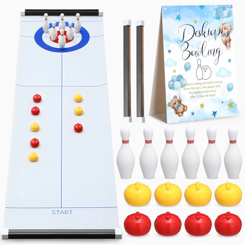 Capoda juegos de curling y bolos de mesa set para baby shower incluye 8 curling, 6 bolos, 1 tapete, 2 tiras magnéticas para decoración interior miniatura 1