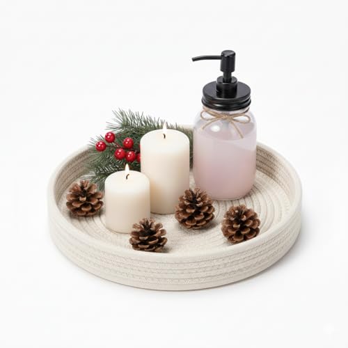Image of BOBBINY Decorative Round Rope Tray for Decor - Rope Tray for Kitchen Dining Room Table - The Perfect Small Candle Serving Tray for Coffee Table and Home Decor (White, 10x10 Inch (Pack of 1))