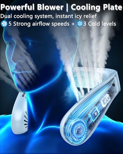 Image of FWV Neck Air Conditioner with Cooling Plate, 5500mAh 3-24H Working, 5-Speed Quiet 30dB, LED Display Personal AC, USB-C Bladless Wearable Cooling Neck Fans that Blow Cold Air for Men Women Kids Blue