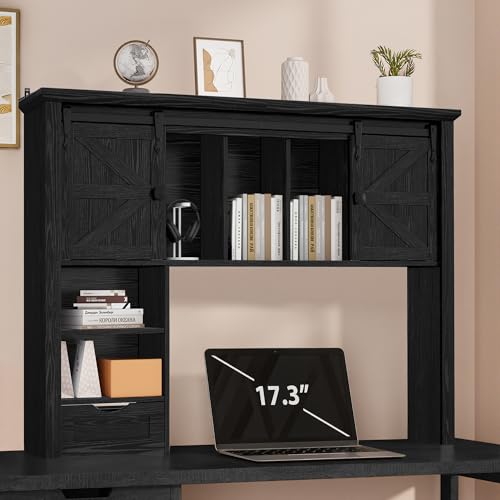 Image of Large Desktop Bookshelf with Sliding Barn Door, 47.2''W Desk Shelf Display Rack, Desktop Organizer Storage Rack with 7 Cubbies and Drawer, Home, Desk Shelf for Office, Dorm, Vanity, Black