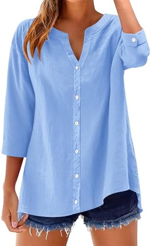 (-33%) Rapbin Damen Leinenhemd Sommer Blusenshirt aus Musselin Baumwolle V-Neck