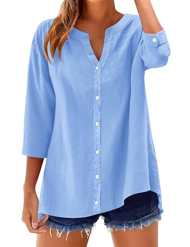 LOMON Button Down Shirts 3/4 Sleeve Cotton Linen Tops Roll Up Short Sleeve V Neck Loose Work Blouse Sky Blue XXL