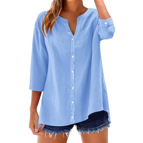 LOMON Cotton 3/4 Sleeve Button Down Shirts for Women V Neck Casual Loose Button Up Blouse Sky Blue 3X-Large