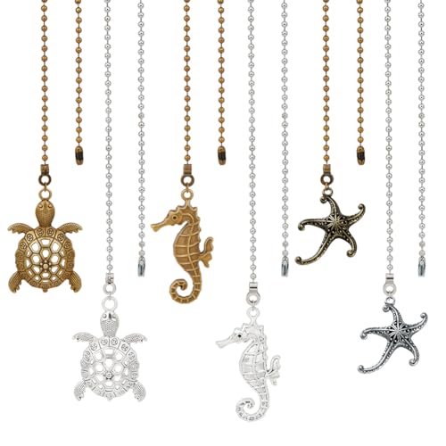 Image of BENECREAT 6 Styles Ocean Theam Ceiling Fan Pull 14 Inch Long Chain Extension Turtles Seahorses Mermaids Pull Chain Extension Ball Chain Connector for Bathroom Toilet Light