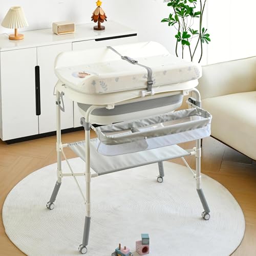 Image of 2-in-1 Baby Bathtub with Changing Table, Foldable Diaper Changing Station with 4 Wheels, Waterproof Pad, Storage Rack and Baby Bath Tub, Adjustable Height Portable Nursery Organizer for Newborn Infant