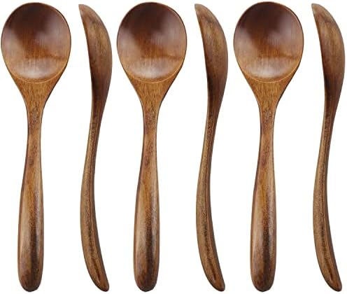 Wooden Spoons for Eating, ADLORYEA 6-Piece Wood Spoons, 7 inch Handmade Natural Wood Spoon for Soup, Coffee, Salad Desserts, Chips, Snacks, Cereal, and Fruit (Brown, 6.58inch Length x 1.66inch Width)
