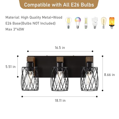 Image of Farmhouse Bathroom Vanity Light, 3-Light Wood Bathroom Light Fixtures Over Mirror, Black Industrial Vanity Lights with Metal Shade, Rustic Bathroom Lighting for Bedroom Living Room Hallway