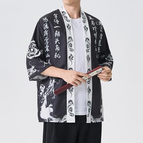 Image of PRIJOUHE Men's Lightweight Kimono Jacket Seven Sleeve Open Front Cardigan Coat Japanese Style Bathrobe