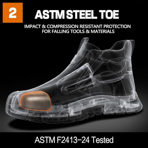 Image of GLANOUDUN Steel Toe Shoes for Men Welding Work - Slip-On, Mid-Top Coverage | ASTM, Anti Impact Toe Cap, Spark resistant, Wear-resistant, Soft sole, Hands Free, Construction, Welding, Workshop, Factory