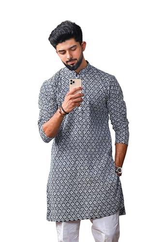 Image of ALMORA Men's Embroidered with Thread Work and Cotton Blend Only Slim Fit Kurta for Men