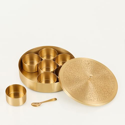 K Golden Brass (01) Handcrafted Brass Spice Box Set For Kitchen With Spoon (7 Containers, 40 Ml)-Brass Masala Box For Kitchen-Species Container-Masala Dabba-Masala Petti 1Set
