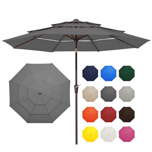 Image of JEAREY 9FT 3 Tier Patio Umbrella Outdoor Market Umbrella Table Umbrellas with 8 Ribs 1.5 Pole Push Button Tilt and Crank UV Protection for Garden,Backyard,Gray