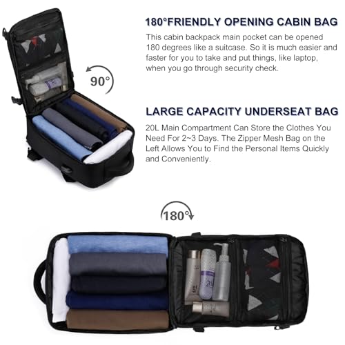 Handgepäck für Ryanair 40x20x25 Klein Handgepäck Rucksack für Flugzeug 20L Reiserucksack für Herren und Damen mit USB Ladeanschluss Reisetasche 14 Zoll Laptop Rucksack, Schwarz