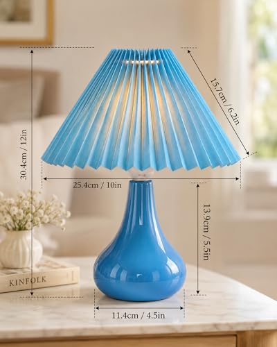 Image of Homesake Modern Small Ceramic Table Lamp, Classic Bedside Desk Lamp for Living Room Bedroom, Farmhouse Home Decor Nightstand Lamps Light with Fabric Pleated Shade, (Turquoise Pleated Shade)