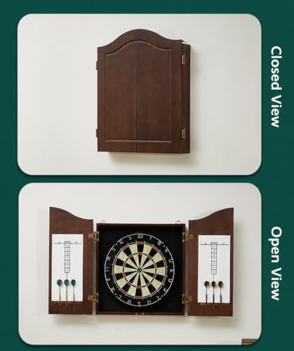 Image of RUP Solid Wood Cabinet Set with 18 Inch African Sisal Dartboard & 6 Metal Darts | Professional Bristle Dart Board | Wall Mounted Indoor Game for Home, Office & Bar (Dartboard with Cabinet)