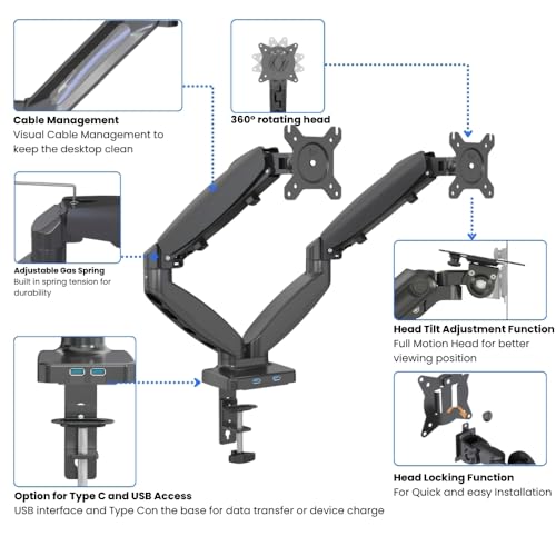 Image of UNIQ MOUNTS Premium 15''-27'' Dual Monitor Arm, 180 Swivel, 360 Rotation, +90-85 Tilt, VESA 75x75 /100x100, 9kg Weight Capacity Per Arm, 2 USB Port