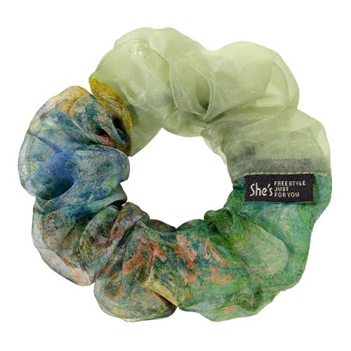 Silk Hair Scrunchies for Women, SHE'S FREE STYLE JUST FOR YOU Unique and colorful designs scrunchies Crafted from silk and polyester, Luxury Hair Scrunchie with exquisite stitching (Green)