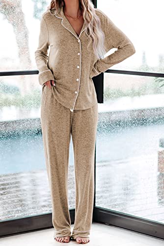 Aamikast Women's Pajama Sets Long Sleeve Button Down Sleepwear Nightwear Soft Pjs Lounge Sets (Small, Light Brown) #TOP2