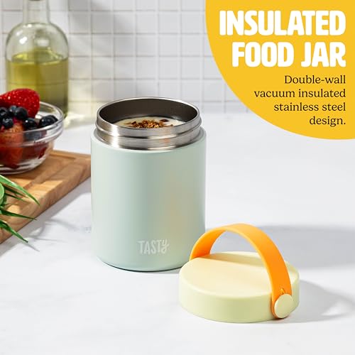 Image of Tasty Food Jar with Folding Handle, Portable Snack Travel or Lunch Container, Stainless Steel Insulated Vacuum with Leak-Proof Lid, Keeps Food Hot or Cold for Hours, 15-Ounce, Aqua