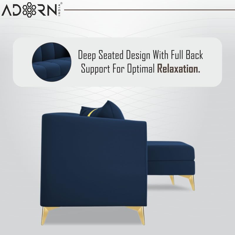 Image of Adorn India Premium Mystic - 3 Years Warranty - L Shape 4 Seater Sofa Set Velvet Suede Fabric - Blue