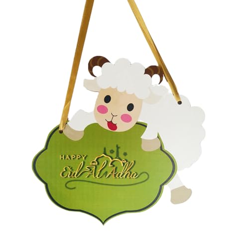 Eid Al Adha Sheep Door Sign, Happy Eid Mubarak Hanging Wooden Decor, Islamic Muslim Lamb Door Hanger Ornament for Front Door, Wall, Window, Ramadan Eid Party Home Decoration