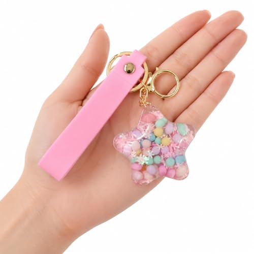 Image of Wanna Party Star Shaped Beads Keychain with Pink Wrist Strap, Cute Bag Charm Key Ring for Girls, Backpack Accessories, Birthday Return Gifts, Party Favors, School Bag Decoration - 1PC