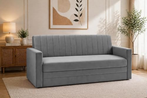 Image of Modern Velvet Three Seater Sofa Cum Bed with Armrest Convertible Sleeper Sofa Sofa for Living Room, Bedroom & Office - Grey Color