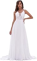Boho Chiffon Wedding Dress Lace Appliques V-Neck Spaghetti Straps Beach Bridal Gown with Slit YONABTF