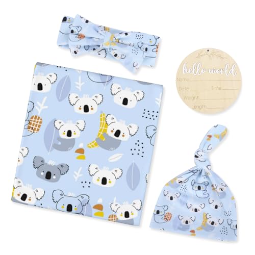 Image of Molsfved Koala Blanket Baby Newborn Swaddle Blanket with Matching Hat and Headband Bow with Wooden Baby Birth Announcement Sign, Wrap Infant Receiving Blanket Gifts for Boys Girls