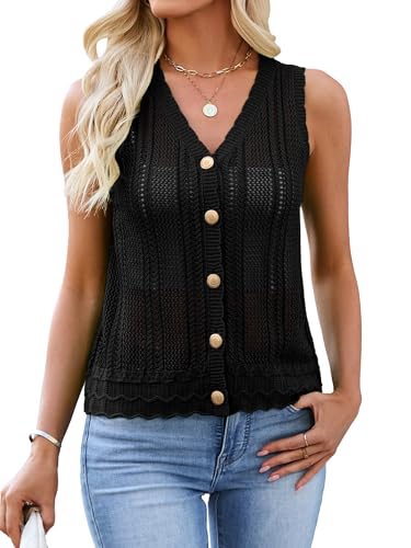 Bellcoco Womens Crochet V Neck Sweater Vest Hollow Out Summer Sleeveless Tops Knit Spring Cardigans Button Down Tank Top Black XL