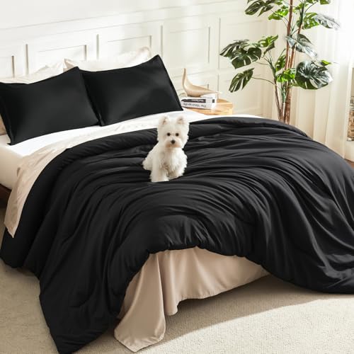 Image of Litanika Black Comforter Set Queen Size, 3 Pieces Lightweight Solid Bedding Comforter Set, All Season Fluffy Bed Set (90x90In Comforter & 2 Pillowcases)