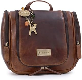CATWALK COLLECTION HANDBAGS - Ladies Leather Hanging Travel Wash Bag - Cosmetic Make-up Organiser - Toiletry Overnight Bag - Maisie - Brown